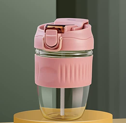 Vrupan Glass Coffee Mug with Lid and Straw,Reusable Glass Coffee Cup,Glass Travel Mug with Silicone Sleeve,Glass Water Bottle fo