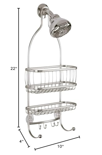 iDesign York Metal Wire Hanging Shower Caddy  Extra Wide Space for Shampoo  Conditioner  and Soap with Hooks for Razors  Towels  and More  10'' x 4'' x 22''  Satin Silver