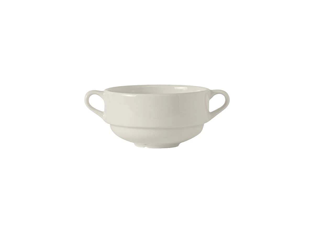 Tuxton China Amu-044 Soup Cup, 10-1/2 Oz., 4-1/8'' Dia. X 2-3/8''H, Round, Double Handled, Stackable, Microwave & Dishwasher Saf