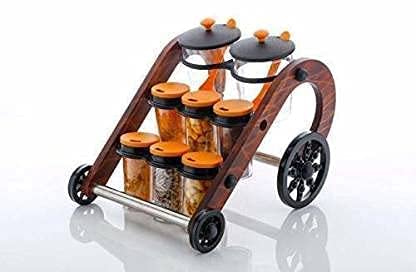 Qupet Wooden Cycle Spice Rack Jar Rajwadi Style Spice Rack Set With Slider Stand (Conventional Looks 8 Spice Containers With 2 S