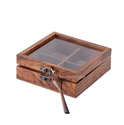 Ali Shipping Handcrafted Wooden Masala Box With 4 Compartments ? Spice Organizer With Glass Top & Spoon ? Kitchen Storage For Sp