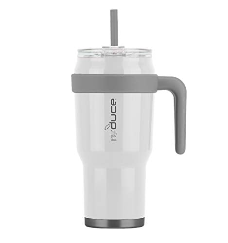 REDUCE 40 oz Tumbler with Handle and Straw  Stainless Steel with Sip-It-Your-Way Lid - Keeps Drinks Cold up to 34 Hours - Sweat Proof  Dishwasher Safe  BPA Free - White  Opaque Gloss