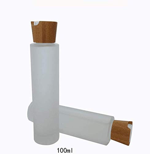 1PC 100ml/3.4oz Upscale Empty Refillable Frosted Glass Bottles Portable Cosmetic Jar Container Pot Vial Holder with Eco-friendly Bamboo Press Disk Top Cap for Lotion Essential Oil Essence Toner