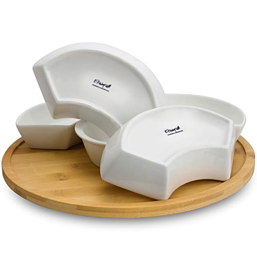 Elama Signature Appetizer And Condiment Server Set 5 Dishes And 1 Lazy Suzan Serving Tray, 6 Piece, White Stoneware And Natural