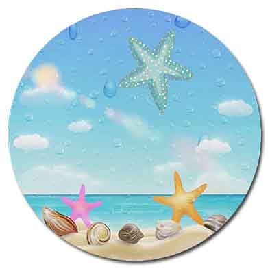 Blue Starfish And Sandy Beach Round Coaster Set Of Drink- Made Of Polyester Fabric And Recycled Rubber Coaster Set - Set Of 4