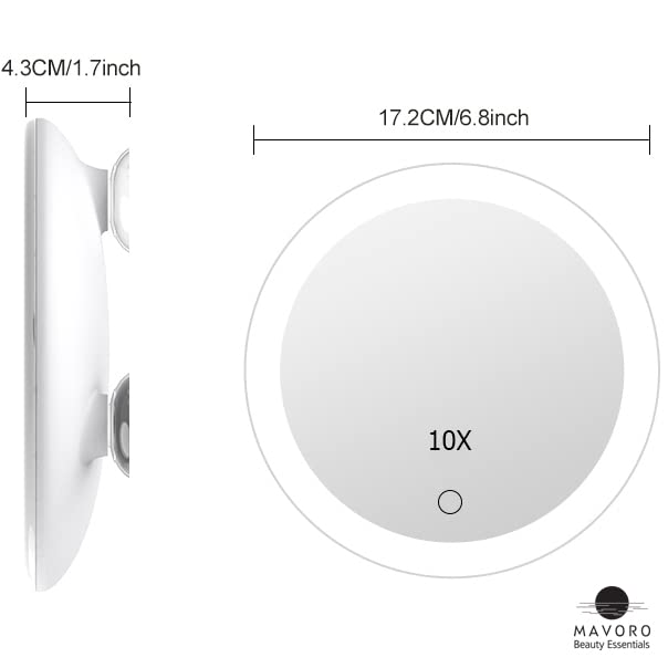 Mavoro Triple Suction Cup Magnifying Mirror With Light | Rechargeable | Magnified 10X Mirror Backlit Led Mirror. Compact, Portab