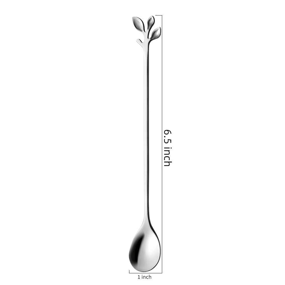 Ansaw 6.5 '' Elegant Leaf-Design Silver Coffee & Tea Spoons Set Of 6- Long Handle Stainless Steel Stirring Spoons For Espresso,