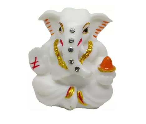 Morir White Lord Ganesh/Ganesha Ganpati Bappa Religious Figurine Murti For Car Dashboard Home Temple Pooja (4.5 X 4.5 Cm)