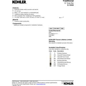 Kohler 10540-2Bz Traditional 12-Inch Ada Compliant Grab Bar, Oil-Rubbed Bronze