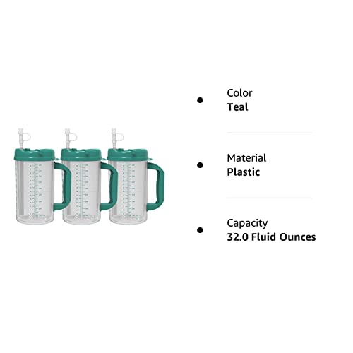 32 Oz Double Wall Insulated Hospital Mug - Cold Drink Mug - Large Carry Handle - Includes Straw (3, Teal)
