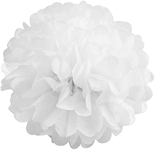 Pack Of 10 Tissue Paper Flower Ball Pom Pom Party Decoration Indoor Outdoor 6'' 8'' 10'' 12'' 14'' (White, 12'')