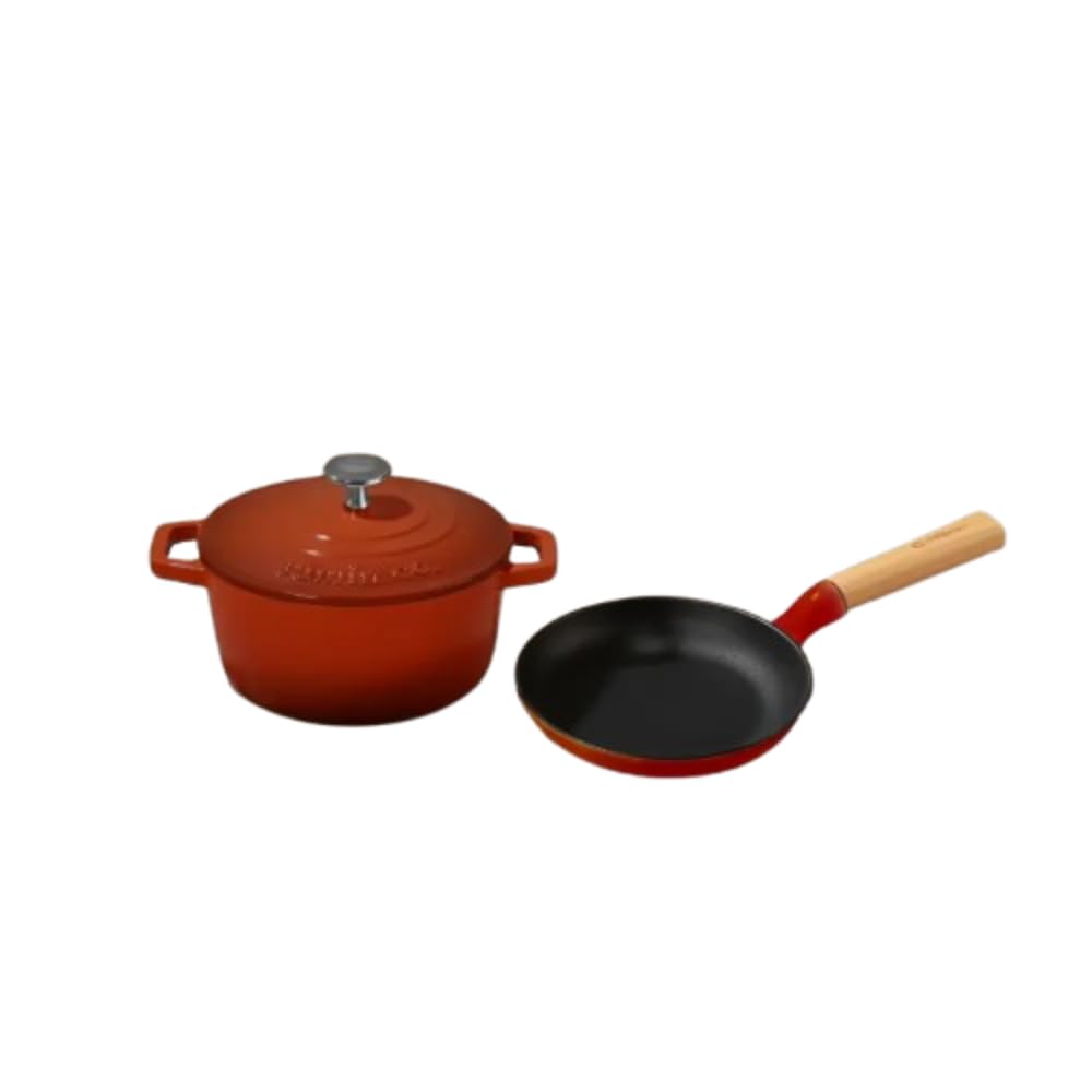 Cumin Co. Cast Iron Omelette Pan & Dutch Oven Set | Rust Free, Patented Coating, 100% Toxin Free | 16 Cm Pan With Wooden Handle 