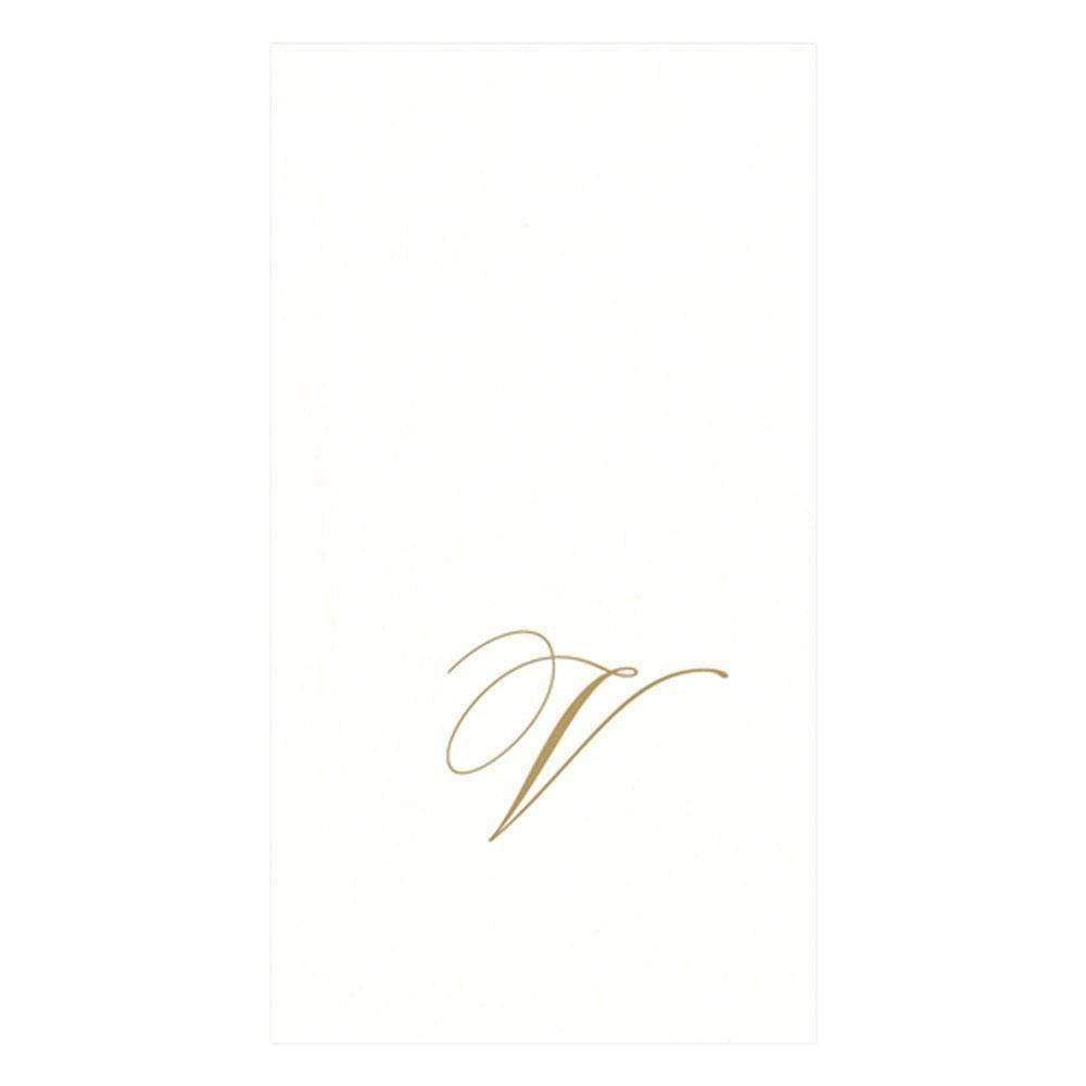 Caspari White Pearl & Gold Paper Linen Boxed Guest Towel Napkins In Letter V - Two Packs Of 24