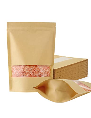 Firekylin 100 Pcs Kraft Paper Bags With Window, 6.7'' X 9.4'' Stand Up Pouches Bags, Zip Lock Food Storage Bags For Packaging Pr