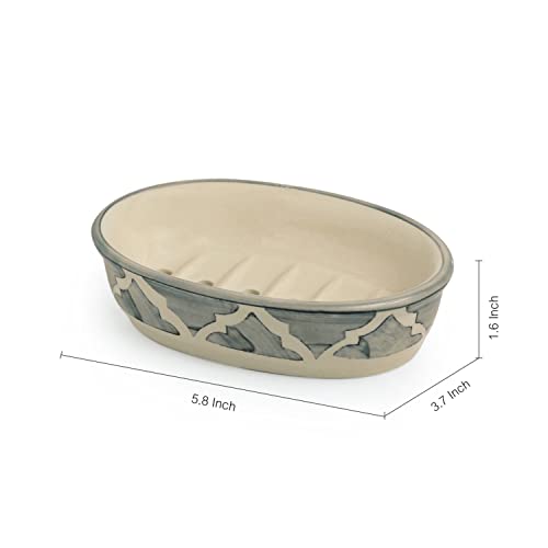 Exclusivelane Moroccan Essentials Handpainted 3 Piece Ceramic Bathroom Accessory, Grey And Off White (Liquid Soap Dispenser, Soa