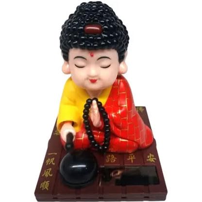 Decovate Solar Powered Monk Buddha Showpiece | Bobblehead Doll With Beads And Gong | Car Dashboard Decor | Spiritual Meditation 