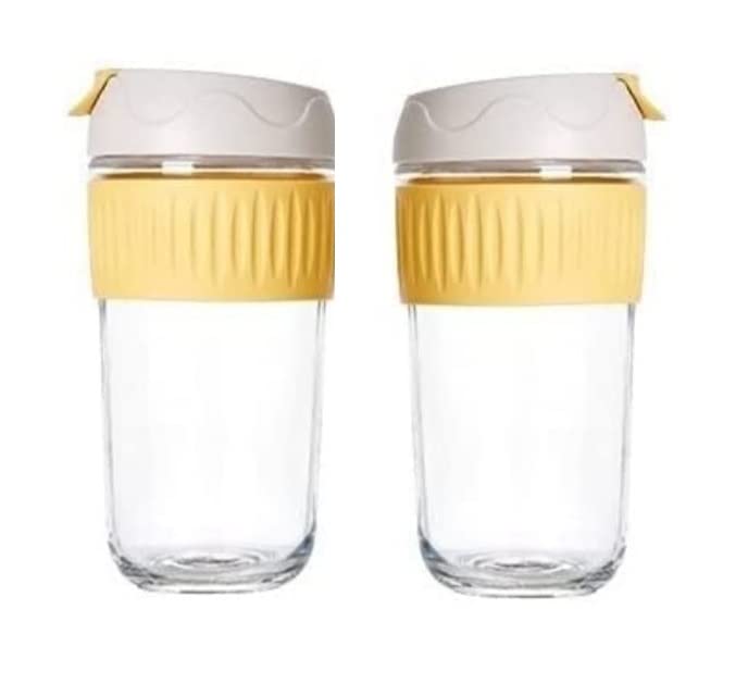 IndusBay Set of 2, Leak Proof Glass Travel Coffee Mug with Lid, 500 ML, Reusable Coffee Cup with Silicone Sleeve, BPA Free, Micr