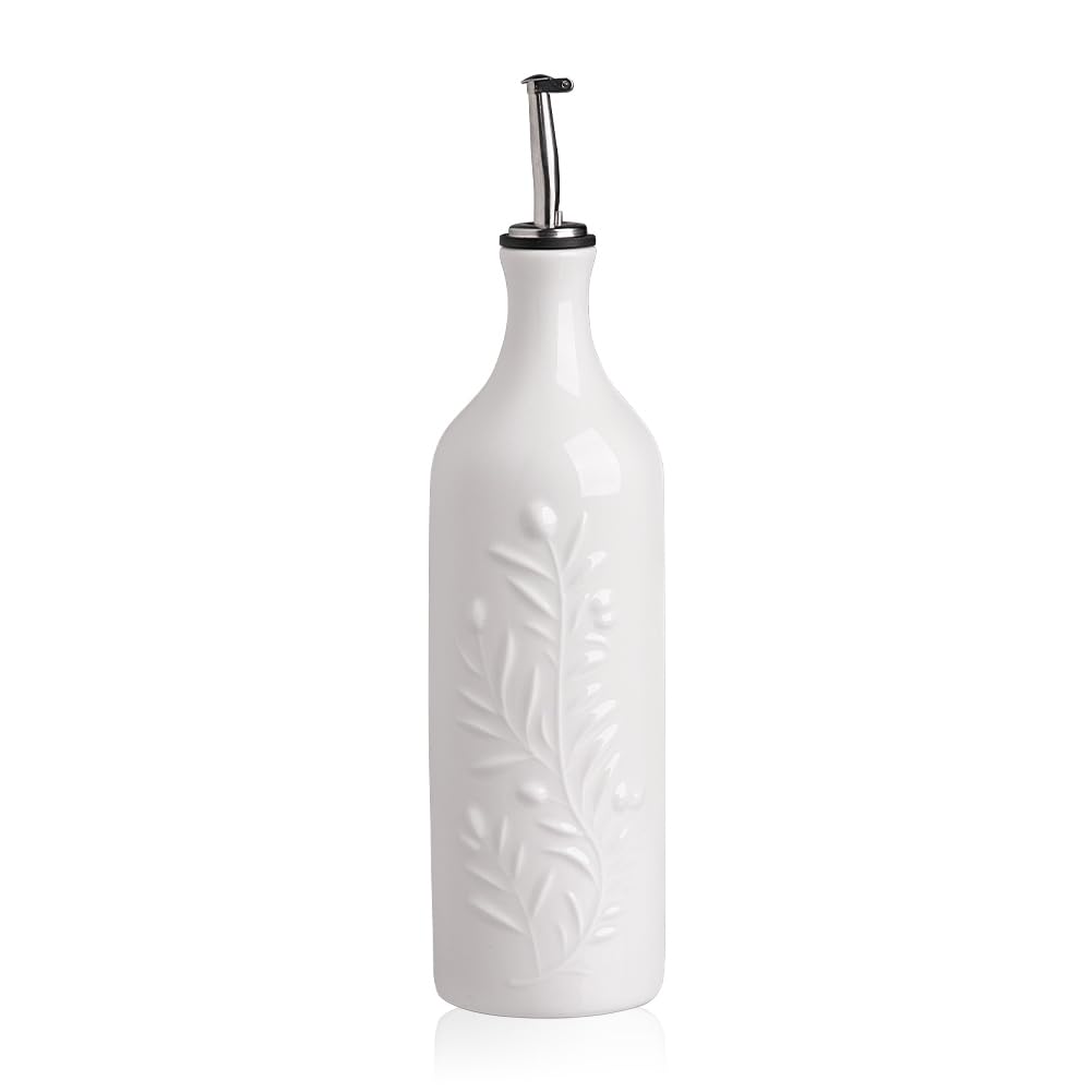 Sweejar Large Olive Oil Dispenser Bottle, 24 Oz Ceramic, Modern Relief Design, Dishwasher Safe, White