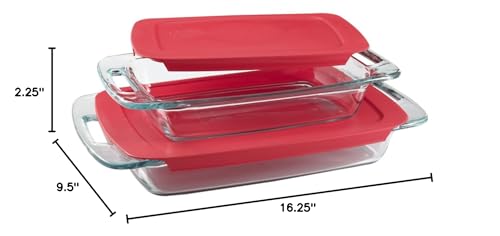 Pyrex Easy Grab 4-Piece Value Pack - Glass Bakeware Set with Red Plastic Covers - Includes 1, 3-Qt and 1, 2-Qt Oblong Dishes