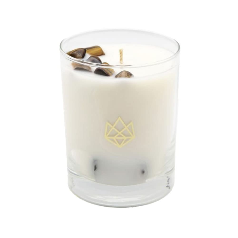 Aluminate Life Luxury Glass Jar Candle, 14.5 OZ, Strength - Tiger Eye Crystal Infused - Scents of Cedarwood, Amber, & Sage - Pow