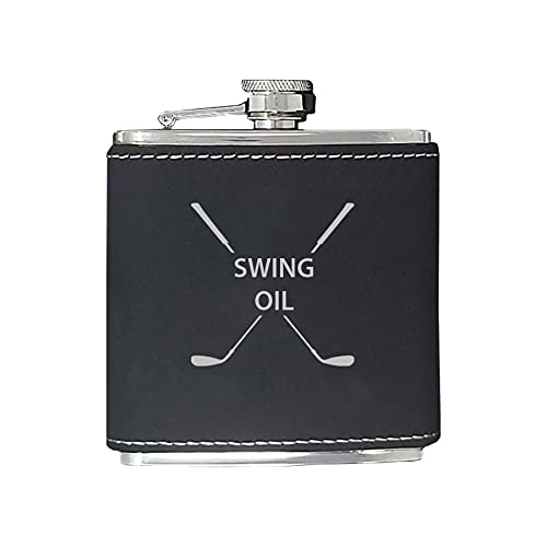 Swing Oil Flask - Golfing Birdie Juice Hip Stainless Steel Leatherette Metal Matte 6-Ounce Golf Bag Leather Flask (Black)