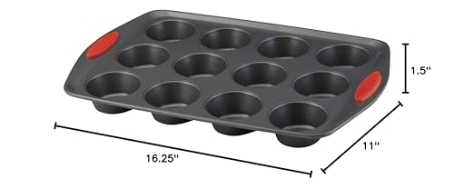Rachael Ray Yum-O! Nonstick Bakeware 12-Cup Muffin Tin With Grips / Nonstick 12-Cup Cupcake Tin With Grips - 12 Cup, Gray With R