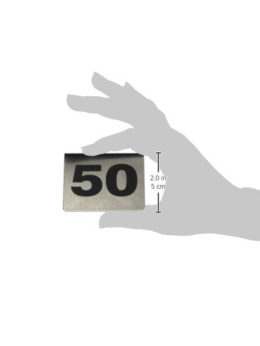 Tablecraft T150 Number Tents, 1-50 Set, Stainless Steel, Double-Sided Table Number Signs, Durable And Easy-To-Read, 2.5'' X 2.5'