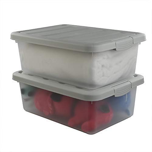 Wekioger Plastic Home Storage Bin With Grey Lid, 14 Quart Frosted Clear Latching Bin, 2 Packs