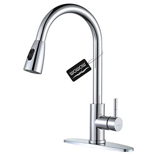 Chrome Kitchen Faucet With Sprayer, Wowow Pull Down Kitchen Sink Faucet Stainless Steel Utility Sink Faucet With Deck Plate, Kit