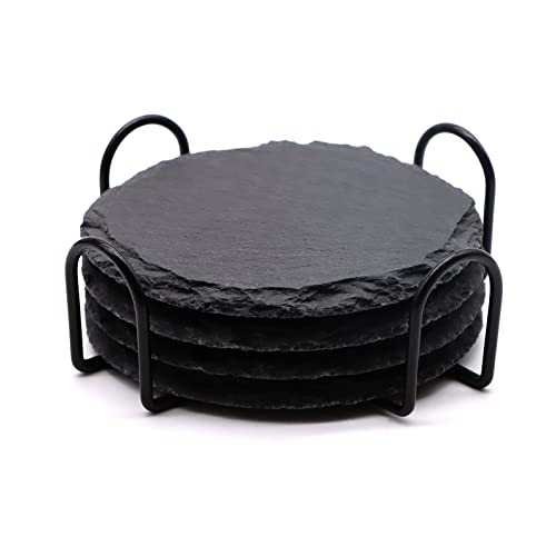 4 Pcs Round Slate Drink Coasters Set, Sijdiee 4 Inch Black Slate Stone Coasters With Anti-Scratch Bottom And Coaster Holder For
