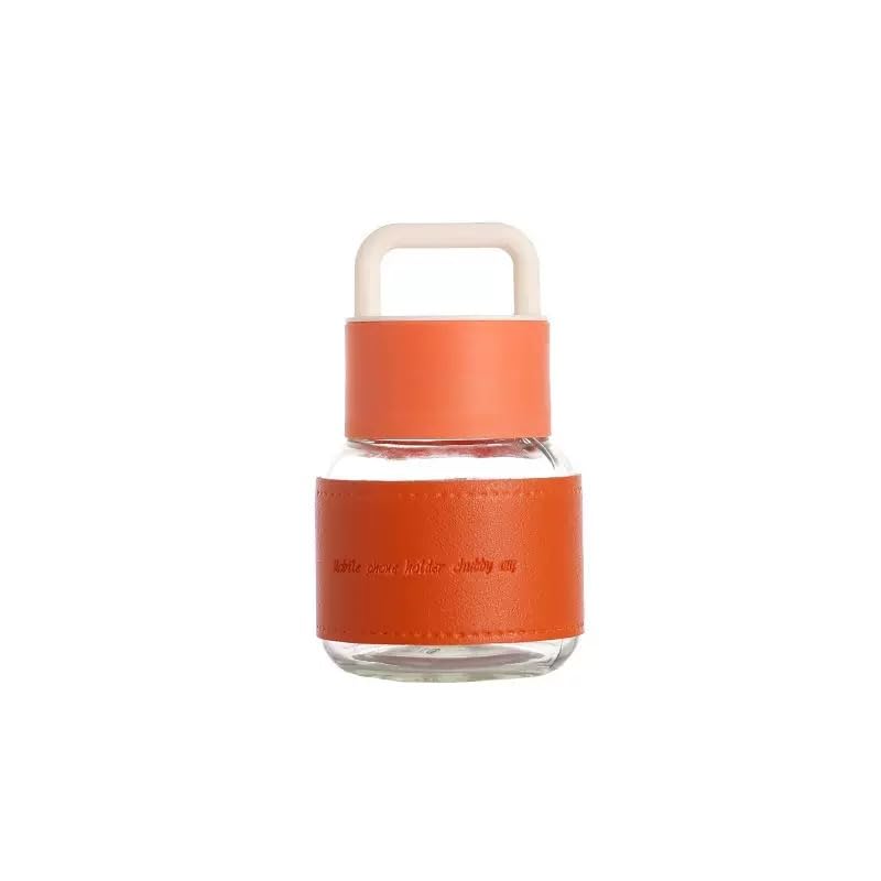 Mini Chubby Cup Glass Water Bottle, 300ml, Portable Handle, Leather Sleeve, for Office and Outing (orange)