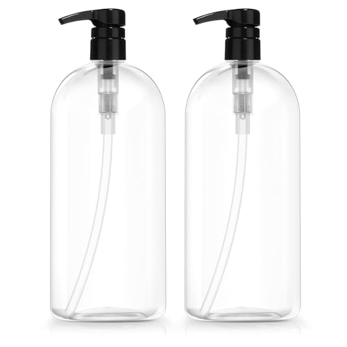 Bar5F Empty Shampoo Bottles With Pumps, 32Oz/1Liter/Large, Bpa-Free, Lightweight (Medium Density Pete1 Plastic) Pack Of 2, Oval