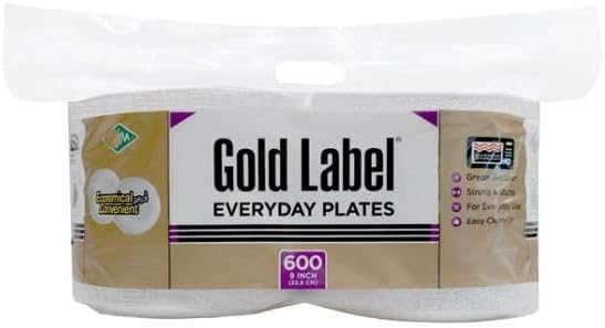 AJM-Gold Label 9 Everyday Paper Plates, White, 600 Count - Grease Resistant, Microwave Safe, PFAS Free, Made in USA