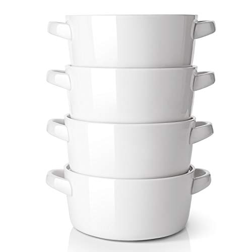 Dowan Soup Bowls With Handles, 24 Ounces Ceramic Cereal Bowl Set For Kitchen, White French Onion Soup Crocks, Microwave Oven Saf