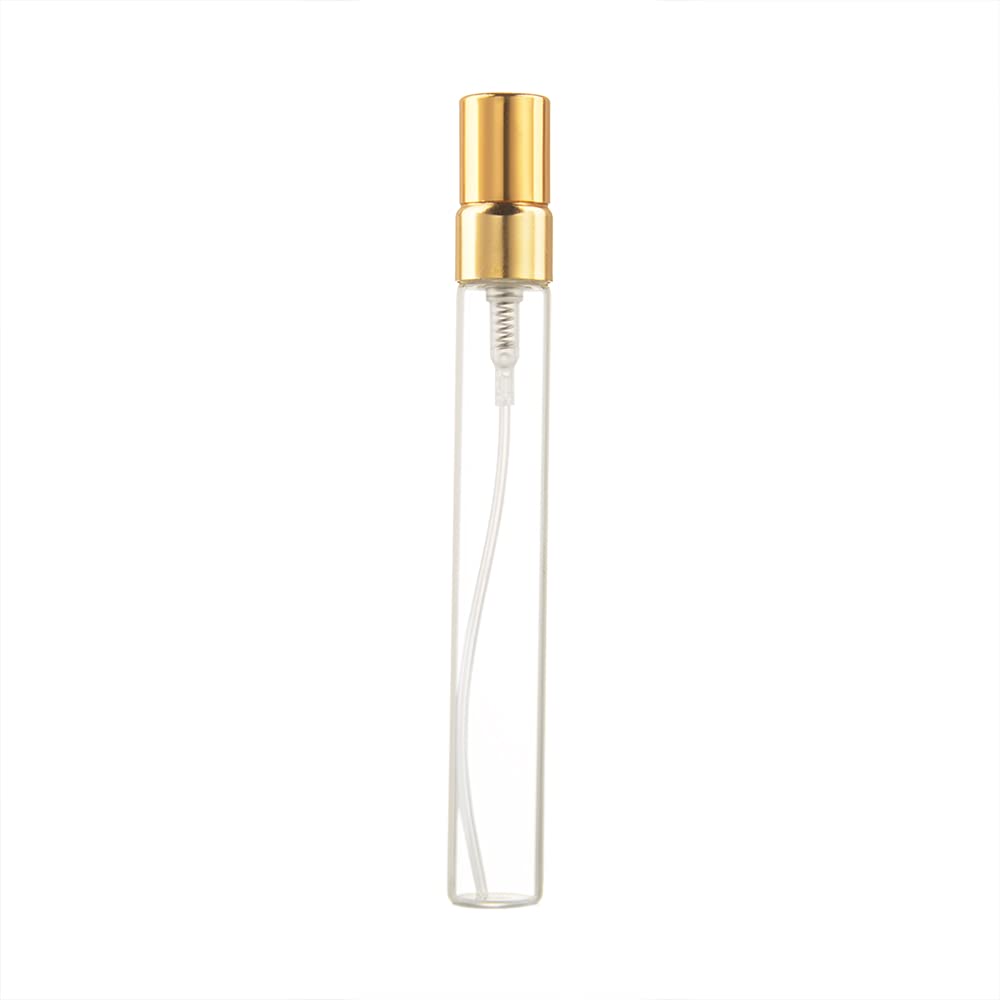 Enslz 10Ml 10Pcs Glass Spray Bottle Refillable Perfume Atomizer Mini Sample Test Bottle Thin Glass Vials (Gold)