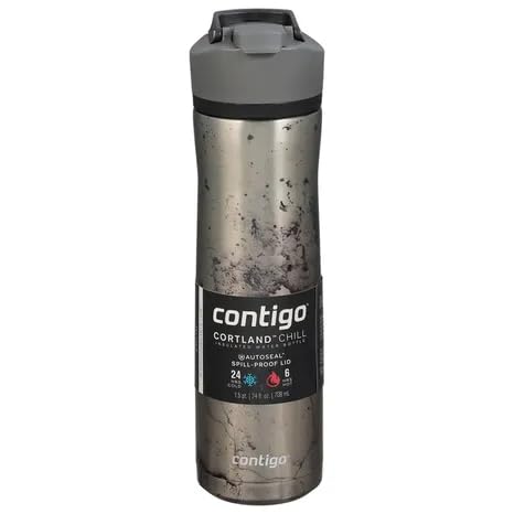 Contigo Water Bottle, Insulated, SpillProof Lid, Cortland Chill 2.0 Stainless Steel, 24 Ounce, Polished Concrete