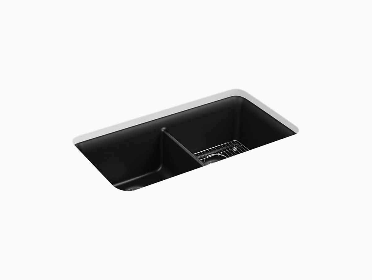 KOHLER K-8199-CM1 Cairn Sink, 33 Neoroc Composite Undermount Double-Bowl Kitchen Sink, Composite Kitchen Sink with Sink Rack, Ma