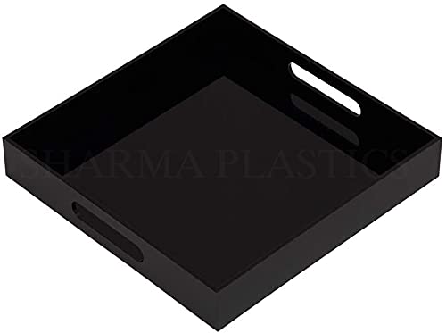 Sharma Plastics Glossy Black Sturdy Acrylic Serving Tray With Handles12X12InchServing Coffee, Appetizer, Breakfast, ButlerKit