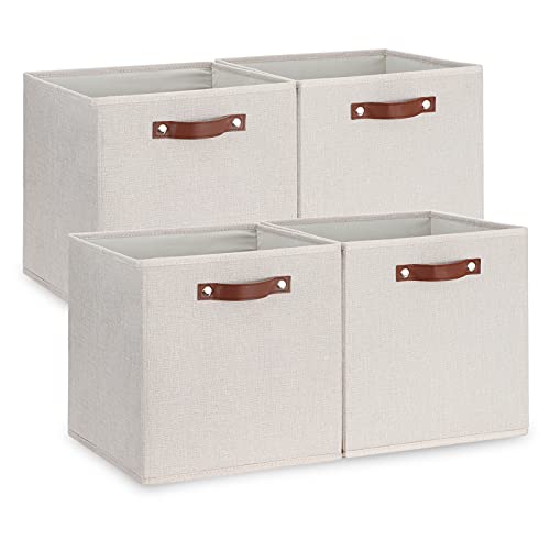 Temary Fabric Storage Cubes Storage Bins With Dual Leather Handles, 4 Pack Cube Baskets 13X13 Foldable Cube Organizers For Shelv