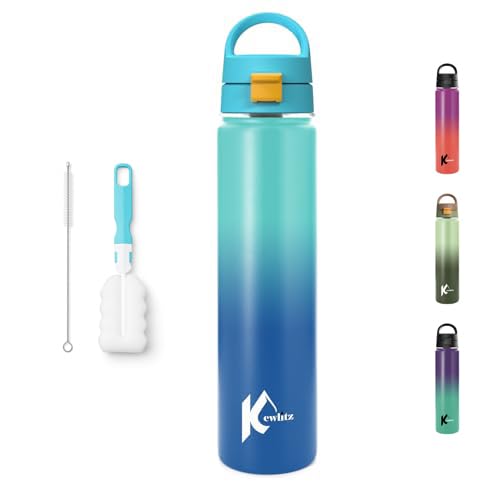 KewLitz Insulated Stainless Steel Water Bottle 24oz (Blue Sky)  Double Wall Vacuum Wide Mouth Water Bottles with Carrying Lid 