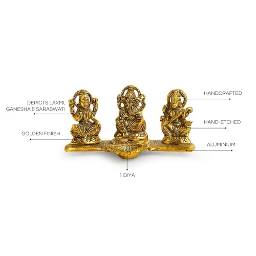 Exclusivelane Laxmi Ganesh & Saraswati Idol Showpiece Figurine With Diya (3.7 Inch, Metal) | Handcrafted For Home Dcor And Poo