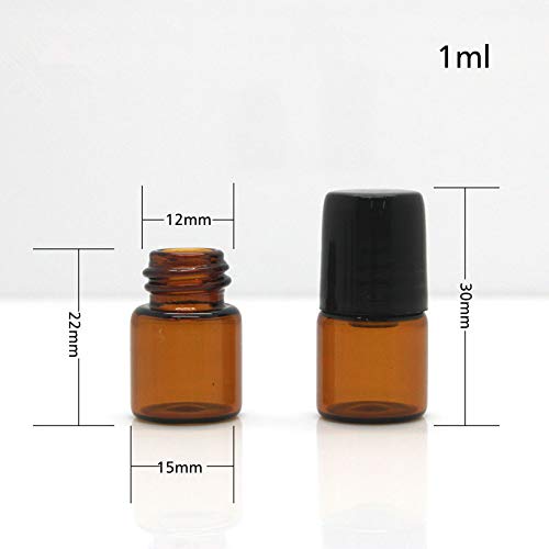 USRommaner 50 Pack 1ml Amber Glass Vials Roll On Bottle Glass Roller Bottle With Stainless Steel Roller Ball Black Cap Lid-Perfect Sample For Essential Oils Aromatherapy No Leak Free Opener&Dropper