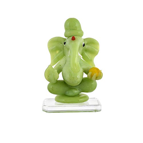 Great Art Glass Ganesh Idol for Car Dash Board (8.5cm x 5 cm, Green)