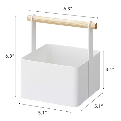 Yamazaki Home Tosca Storage Basket - Wood Handle Organizer - Small - Steel + Wood, 5.12 X 6.3 X 6.3 Inches