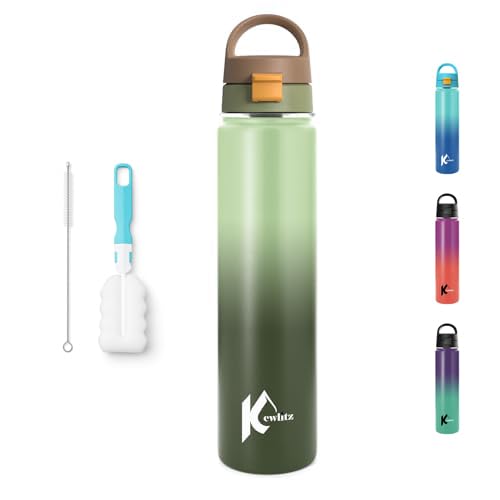 KewLitz Insulated Stainless Steel Water Bottle 24oz (Forest Green)  Double Wall Vacuum Wide Mouth Water Bottles with Carrying L