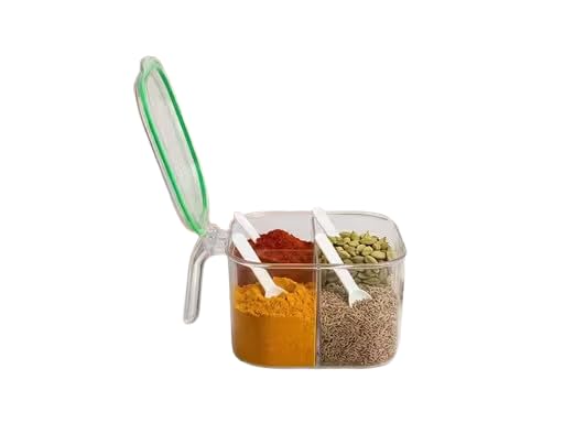 Multipurpose 4 Compartment Kitchen Storage Box with Lid and Measuring Spoon, Transparent Food Storage Container
