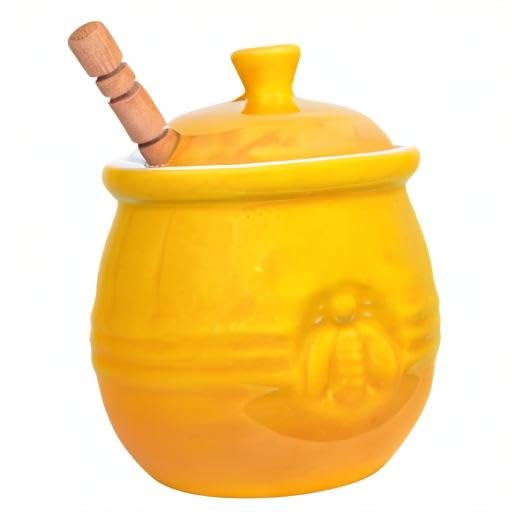 Creative Co-Op Farmhouse Embossed Stoneware Honey Pot with Wood Honey Dipper  Yellow