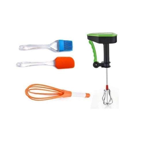 Shoparam New Kitchen Tools Combo Set Pack Of 4 Silicon Basting Spatula, Oil Brush, Manual Power Free Hand Blender/Egg Beater An