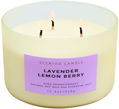 Large Aromatherapy Lemon Lavender 3 Wick Candle  Highly Scented Purple Jar Candles  Relaxing Lavender Candles for Home 15.8 oz