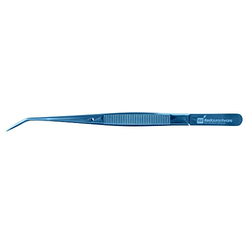 Restaurantware Perfect Point 6.3 Inch Curved Tweezer  1 Slant Nose Food Tweezer - Serrated Tips For Precision  For Garnishing  Plating  or Decorating  Blue Stainless Steel Kitchen Tweezer  Sturdy